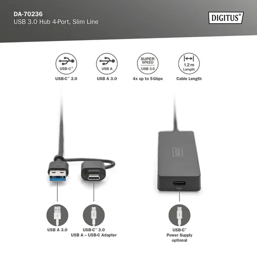 DIGITUS DA-70236 4-Port USB 3.0 Hub, İnce Tip, USB-C Adaptörlü, 5Gbps, 1,2 metre kablo dahil görseli 4