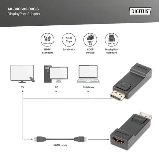 DIGITUS AK-340602-000-S DisplayPort Adaptörü, DP Erkek - HDMI tip A Dişi, kilit mekanizmalı, siyah renk görseli 5
