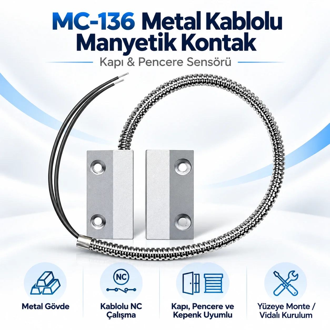 OPAX MC-136 Metal Kablolu Manyetik Kontak | Kapı Sensörü, Pencere Sensörü ve Kepenk Sensörü