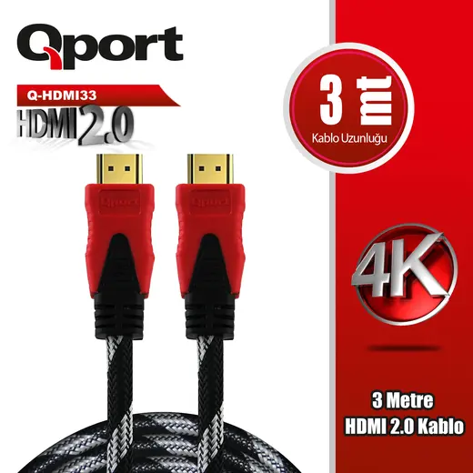 QPORT (Q-HDMI33) ALTIN UCLU 3M 4K HDMI2.0 KABLO