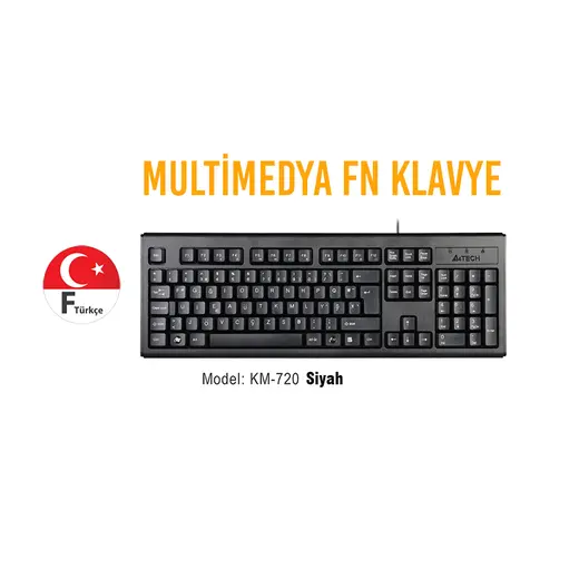 A4 Tech KM720 F Kablolu Klavye Siyah USB