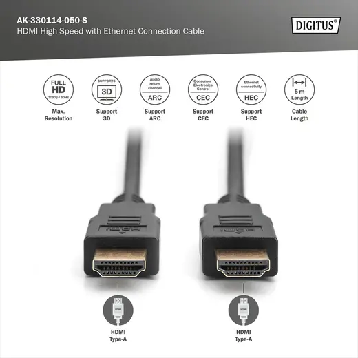 DIGITUS AK-330114-050-S HDMI High Speed with Ethernet Bağlantı Kablosu (HDMI 1.4), Ultra HD, 4K@30Hz, HDMI Tip A Erkek alternatif görünüm