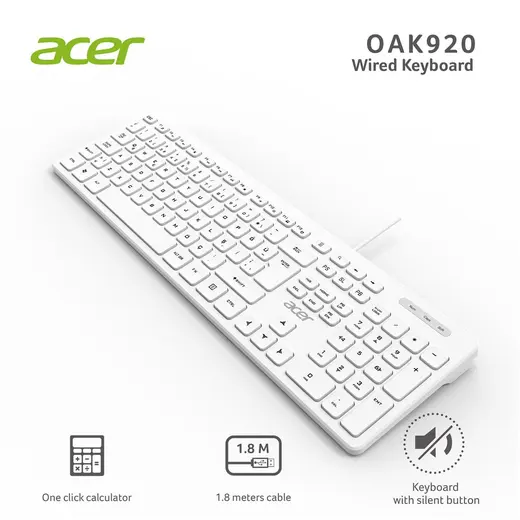 Acer OAK920 Q Usb Beyaz 1.8mt Kablolu Klavye-Tek Tuş Hesap Makinalı (Sessiz Tuş) alternatif görünüm