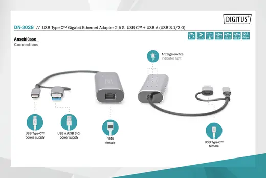 DIGITUS DN-3028 USB Tip C™ Gigabit Ethernet Adaptörü 2.5G, USB-C™ + USB-A (USB 3.1/3.0) görseli 4
