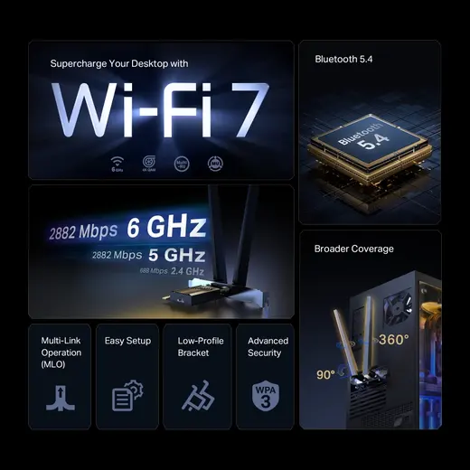 TP-LINK ARCHER TBE400E WIFI7 BE6500 Bluetooth 5.4 PCIe Kablosuz Ağ Adaptörü görseli 5