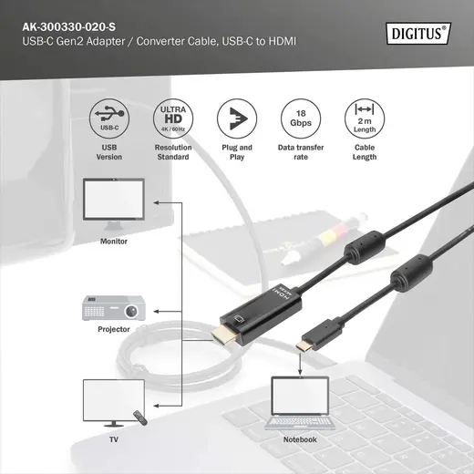 DIGITUS AK-300330-020-S USB Type-C Gen2 adapter / converter cable, Type-C to HDMI A M/M, 2m, 4K/60Hz, 18GB, bl, gold görseli 4