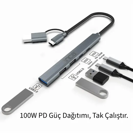 Inca IUTP-06TX 5in1 USB 3.0 + 2xUSB 2.0+Type-C+PD 100W USB+Type-C Çoklayıcı 3.0 ile 5 Gbps görseli 2