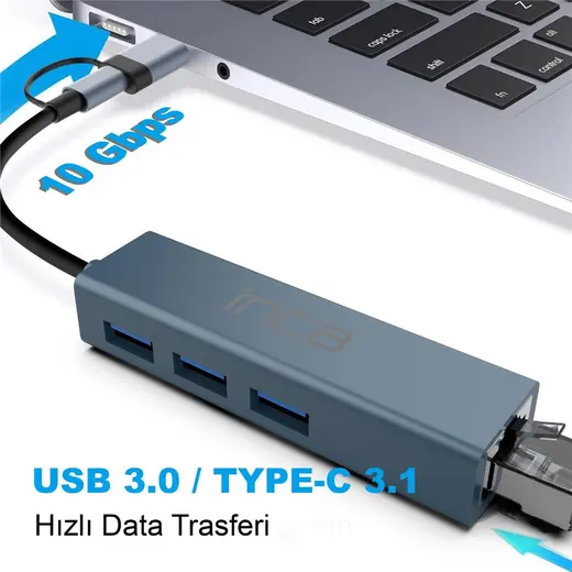 Inca IUTP-03TX Ethernet Usb 3.0+Type-C 3.1 Grişli 000 Mbps 3X3.1Usb Eternet-Çoklayıcı alternatif görünüm