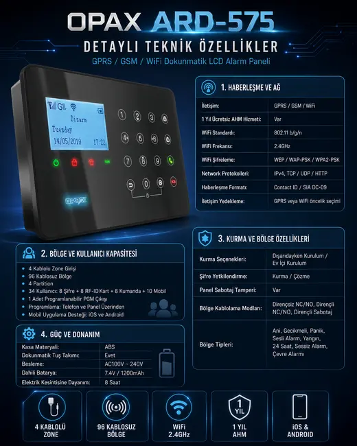 ARD-575 Siyah GPRS/GSM/WiFi 4G Dokunmatik Kablolu Kablosuz Ev ve İşyeri Alarm Paneli görseli 7