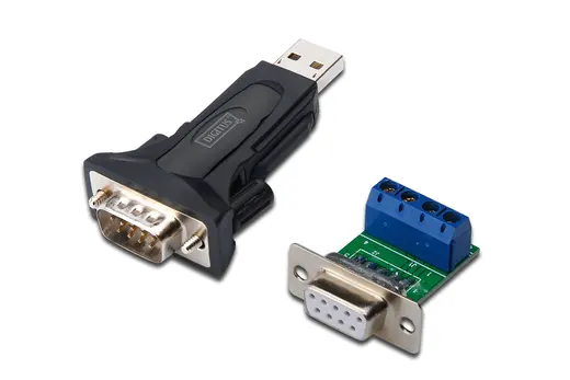 DIGITUS DA-70157 USB Erkek RS-485 (klemens) çevirici. RS-485 tarafı için klemens adaptörü ve USB tarafı için 80 cm