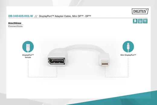 DIGITUS DB-340405-001-W DisplayPort Adaptörü, mini DP Erkek DP Dişi, 0.15 metre , DP 1.2 uyumlu görseli 3