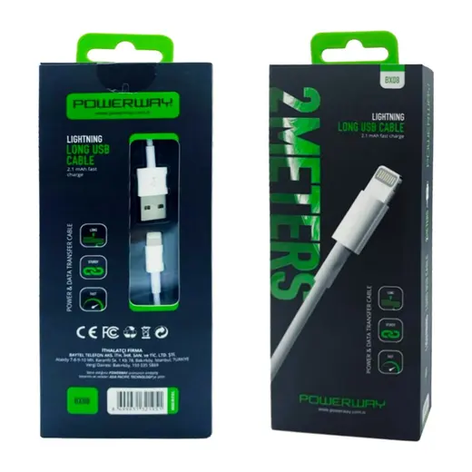 POWERWAY BX08 IPHONE 2100 MA HIZLI 2 METRE ŞARJ VE DATA KABLOSU alternatif görünüm