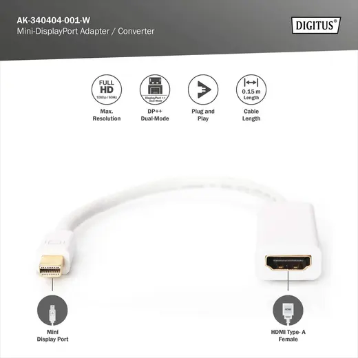 DIGITUS AK-340404-001-W DisplayPort Adapter / Converter, Type mini-DP - HDMI A M/F, 0.15m, DP 1.1a compatible, wh görseli 4