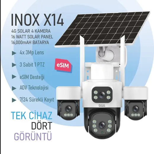 INOX 3MP 4Lens PT Speed Dome 3.6mm IP Solar Kamera E-Sim X14 görseli 1