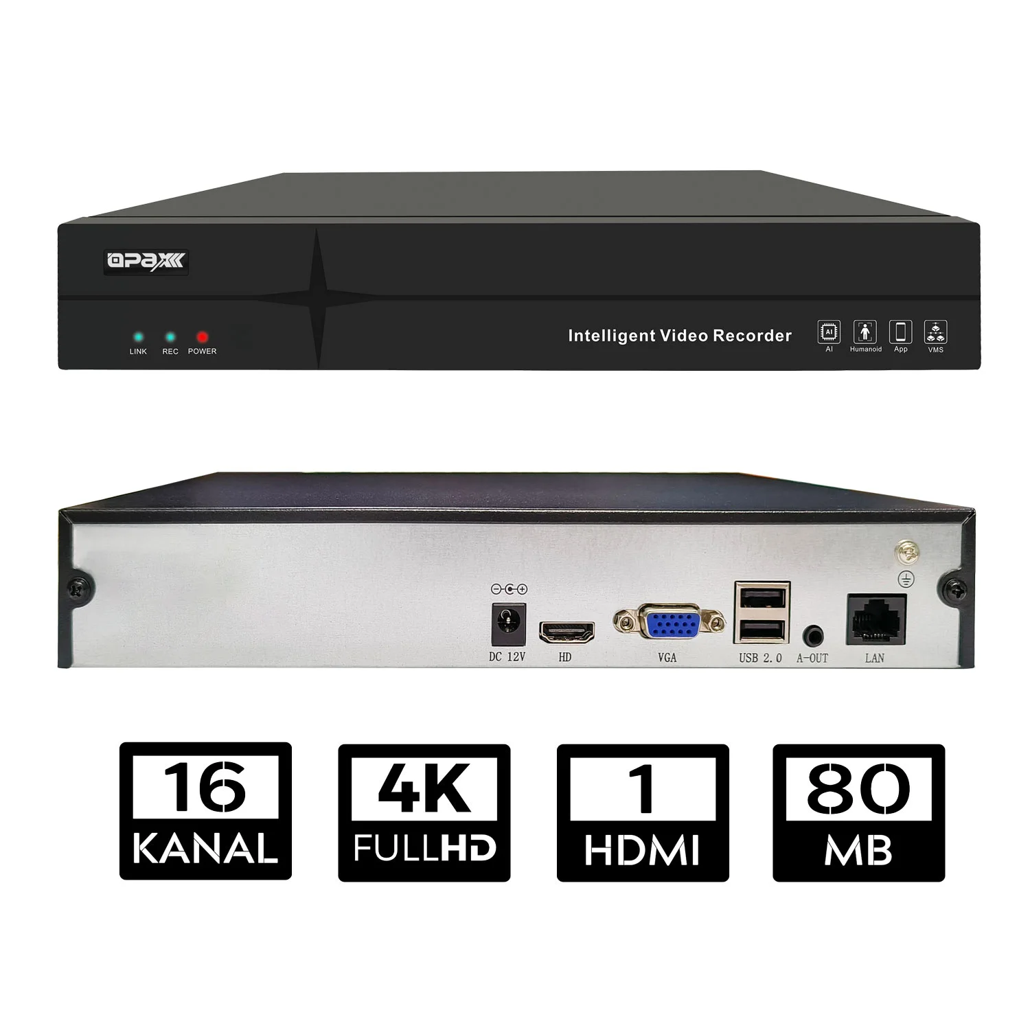 OPAX-16800 16 Kanal 4K VGA/HDMI H.265 16 KANAL SES 1 HDD NVR KAYIT CİHAZI