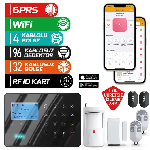 ARD-575 Siyah GPRS/GSM/WiFi Dokunmatik Kablolu Kablosuz Ev ve İşyeri Alarm Paneli