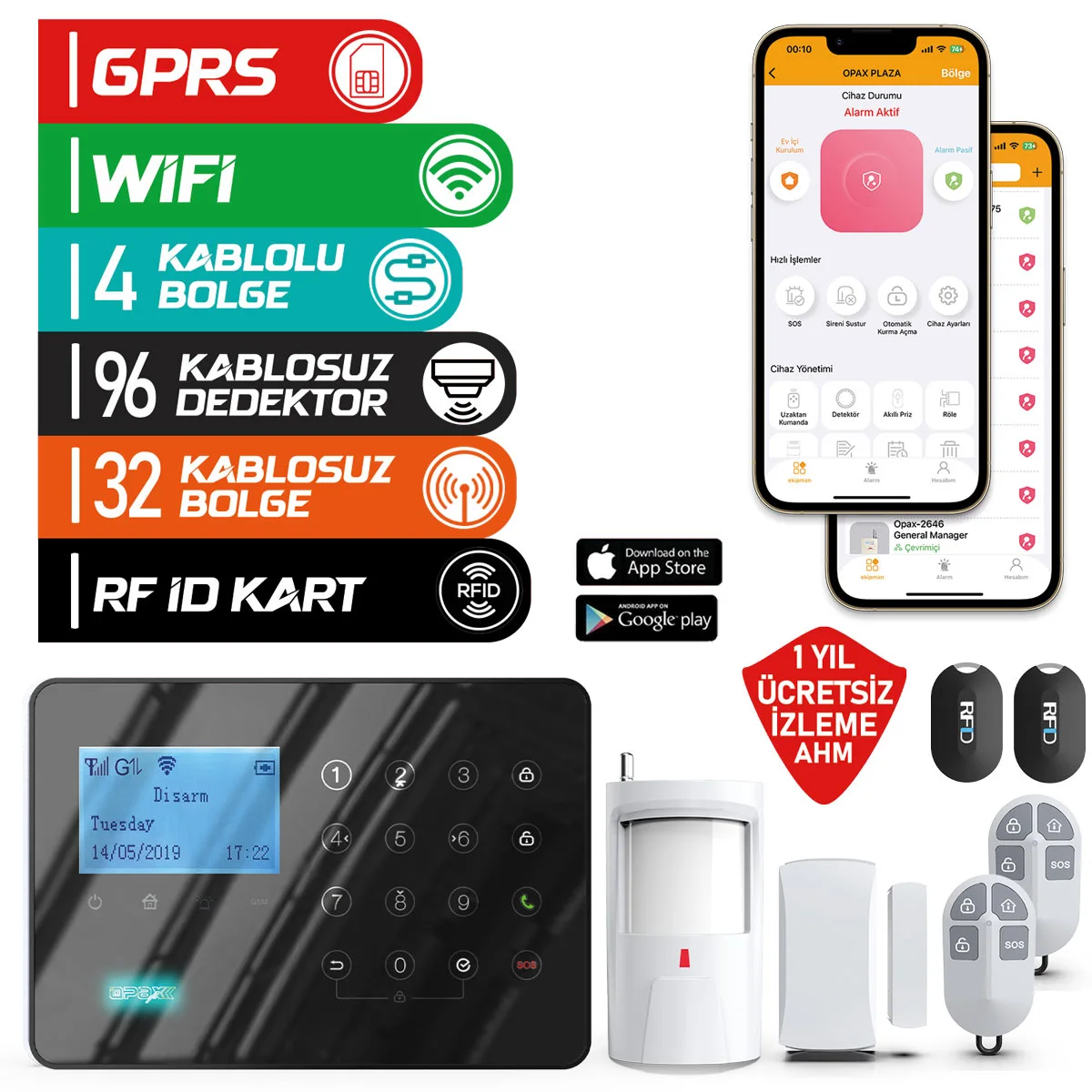 ARD-575 Siyah GPRS/GSM/WiFi Dokunmatik Kablolu Kablosuz Ev ve İşyeri Alarm Paneli