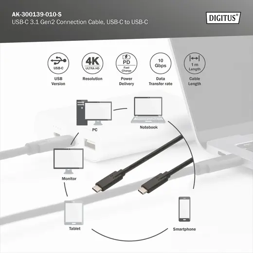 DIGITUS AK-300139-010-S USB Tip-C Bağlantı Kablosu, tip C Erkek <-> tip C Erkek, 1 metre, USB 3.2 Gen2, 5A, 10GB alternatif görünüm