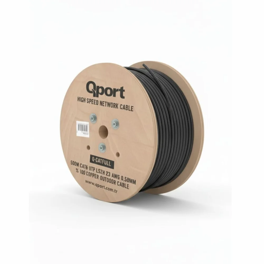 Qport Q-CATFULL 23AWG CAT6 500mt LSZH Outdoor %100 Bakır Siyah Kablo