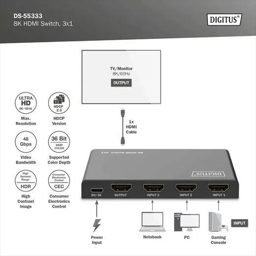 DIGITUS DS-55333 8K HDMI Switch, 3x1 görseli 8