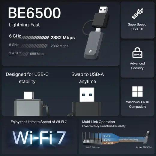 TP-LINK ARCHER TBE400U WIFI7 BE6500 Üç Bant Usb Kablosuz Ağ Adaptörü görseli 7