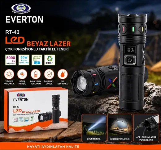 Everton RT-42 Metal Fener 5000lümen 50w Led Gösterge Şarjlı
