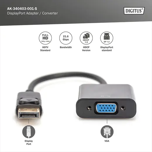 DIGITUS AK-340403-001-S DisplayPort adaptör kablosu, DP - HD15 St/Bu, 0,15 m, m/kilitleme DP 1.2 uyumlu, CE, Siyah renk görseli 3