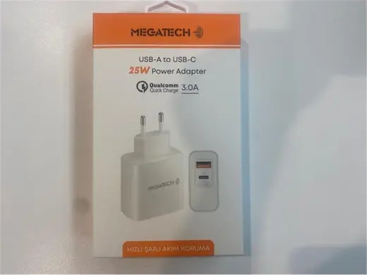 Megatech 25W2 Usb-A To Usb-C 3.0A 25W Ev Şarj Kafa Hızlı Şarj Akım Koruma