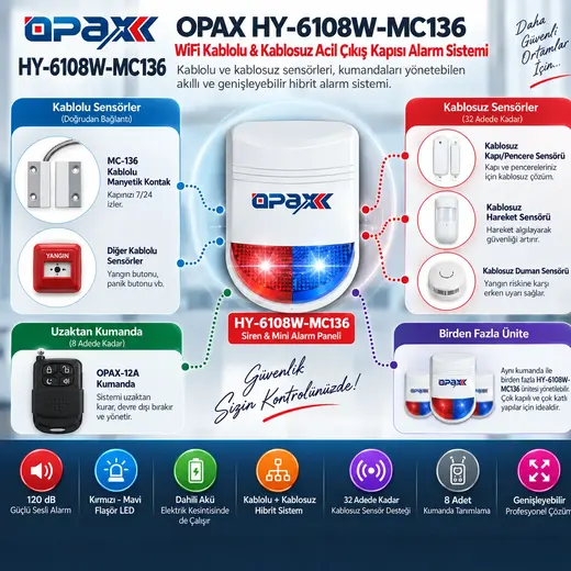 OPAX HY-6108W-MC136 WiFi Kablolu & Kablosuz Acil Çıkış Kapısı Alarm Sistemi görseli 6