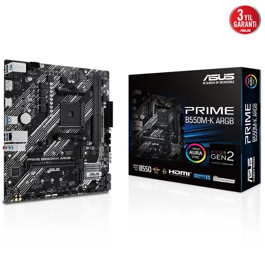 ASUS PRIME B550M-K ARGB AMD AM4 DDR4 4866 DP HDMI Çift M2 USB3.2 AURA RGB mATX