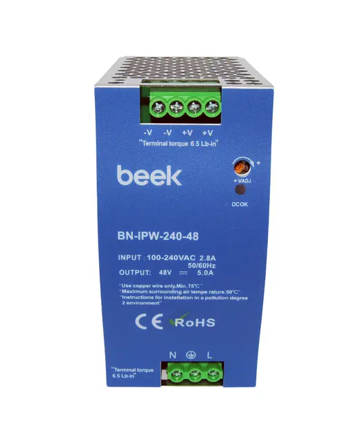 BEEK BN-IPW-240-48 Endüstriyel 240 Watt AC <-> DC Güç Kaynağı, DIN-Ray Montajına Uygun