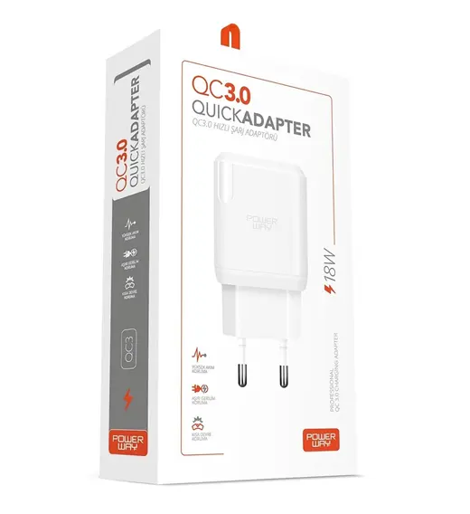 POWERWAY QC3 HIZLI 3000 MA 18W TÜM TELEFONLARA UYUMLU USB 3.0 ŞARJ KAFA SADE BAŞLIK ADAPTÖRÜ görseli 3