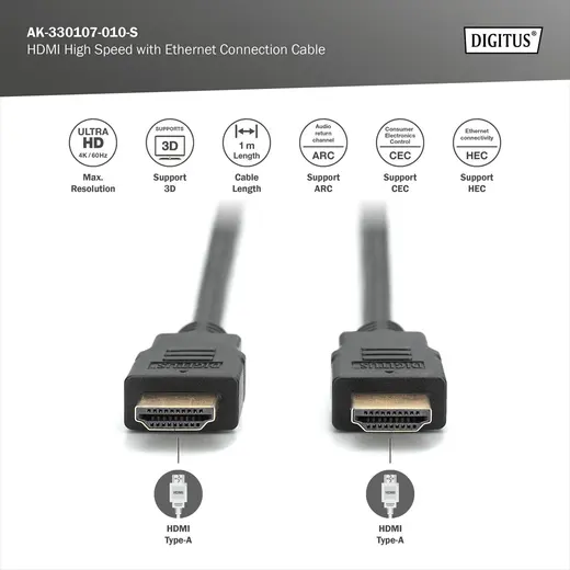 DIGITUS AK-330107-010-S HDMI High Speed with Ethernet connection cable, HDMI High Speed Connection Cable, Type A M/M görseli 3