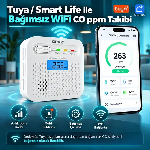 OPAX CO-13RFWF WiFi + RF Kablosuz Karbonmonoksit Alarm Sistemi görseli 7