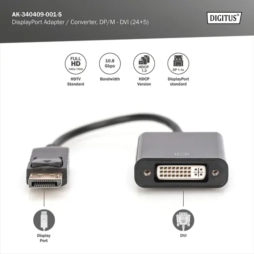 DIGITUS AK-340409-001-S DisplayPort Adaptör Kablosu, DP Erkek <-> DVI (24+5) Dişi, 0,15 metre, kilit mekanizmalı görseli 3