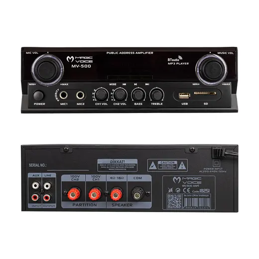 MAGICVOICE MV-500 100 WATT USB/SD GİRİŞLİ KUMANDALI BLUETOOTH 2 BÖLGELİ HAT TRAFOLU ANFİ alternatif görünüm