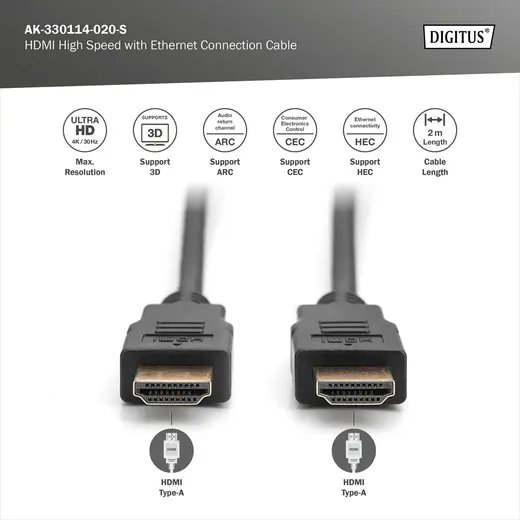 DIGITUS AK-330114-020-S HDMI High Speed with Ethernet Bağlantı Kablosu (HDMI 1.4), Ultra HD, 4K@30Hz, HDMI Tip A Erkek alternatif görünüm