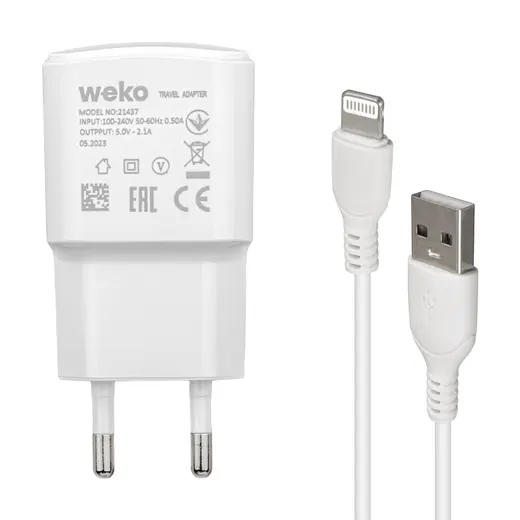 WEKO WK-21437 IP 2.1 AMPER ŞARJ BAŞLIK ADAPTÖRÜ + LIGHTNING KABLO (NO:3) alternatif görünüm