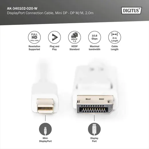 DIGITUS AK-340102-020-W DisplayPort bağlantı kablosu, mini DP - DP St/St, 2.0m, kilitli, DP 1.1a uyumlu, beyaz görseli 3