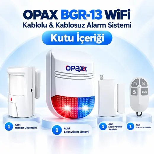 OPAX BGR-13 WiFi Kablolu & Kablosuz Alarm Sistemi – 96 Kablosuz Bölge, 1 Yıl Ücretsiz AHM alternatif görünüm