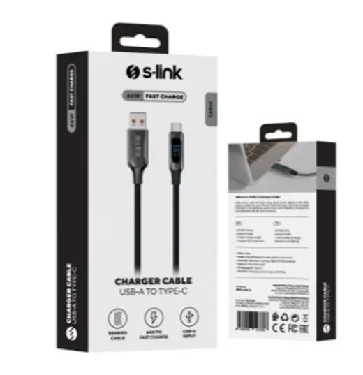 S-link Armor LED UC-066 66W 1m USB to Type-C PD Örgülü LED Başlıklı Siyah Hızlı Şarj Kablosu alternatif görünüm