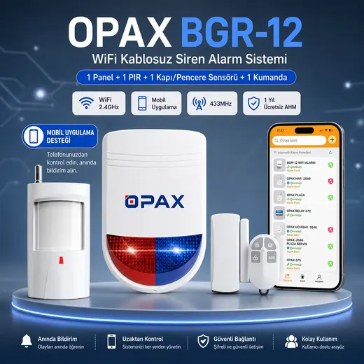 OPAX BGR-12 WiFi Kablosuz Alarm Sistemi | 96 Bölge Desteği (1 YIL AHM ÜCRETSİZ)