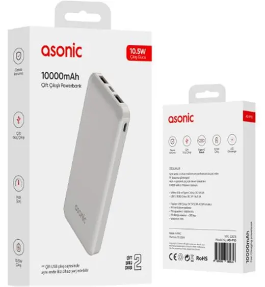 Asonic AS-P10 10000mAh Micro+Type-C+USB Beyaz Taşınabilir Pil Şarj Cihazı Powerbank görseli 2