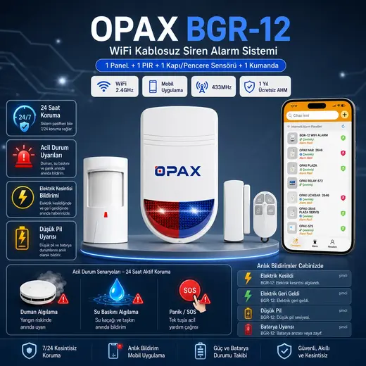 OPAX BGR-12 WiFi Kablosuz Alarm Sistemi | 96 Bölge Desteği (1 YIL AHM ÜCRETSİZ) görseli 5