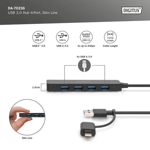 DIGITUS DA-70236 4-Port USB 3.0 Hub, İnce Tip, USB-C Adaptörlü, 5Gbps, 1,2 metre kablo dahil görseli 5