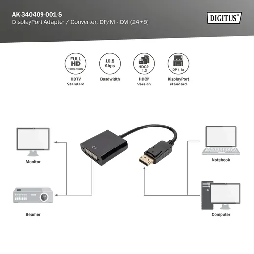DIGITUS AK-340409-001-S DisplayPort Adaptör Kablosu, DP Erkek <-> DVI (24+5) Dişi, 0,15 metre, kilit mekanizmalı alternatif görünüm
