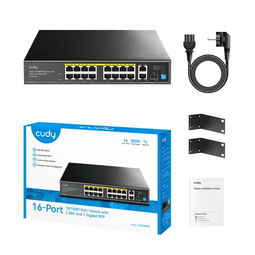 CUDY 16port PoE 200w 1-SFP/2-Uplink 10/100 Yönetilemez Switch FS1018PS1 görseli 1