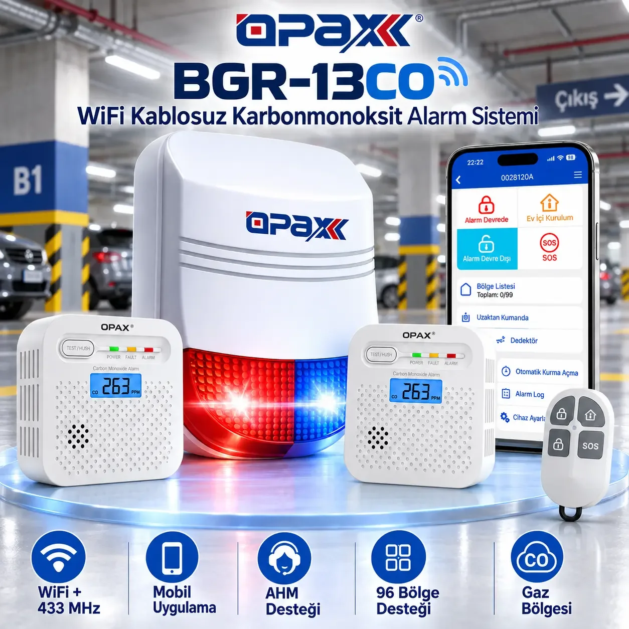 OPAX BGR-13CO WiFi Kablosuz Karbonmonoksit Alarm Sistemi