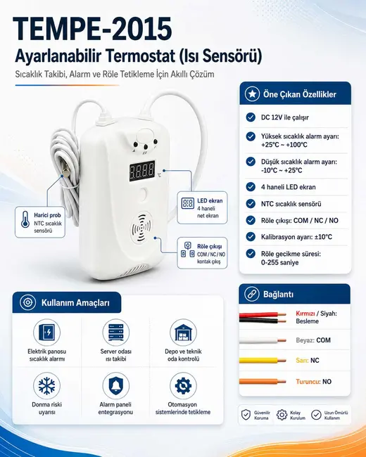 TEMPE-2015 Ayarlanabilir Termostat (Isı Sensörü) (Tüm Alarm Panellerini Destekler)