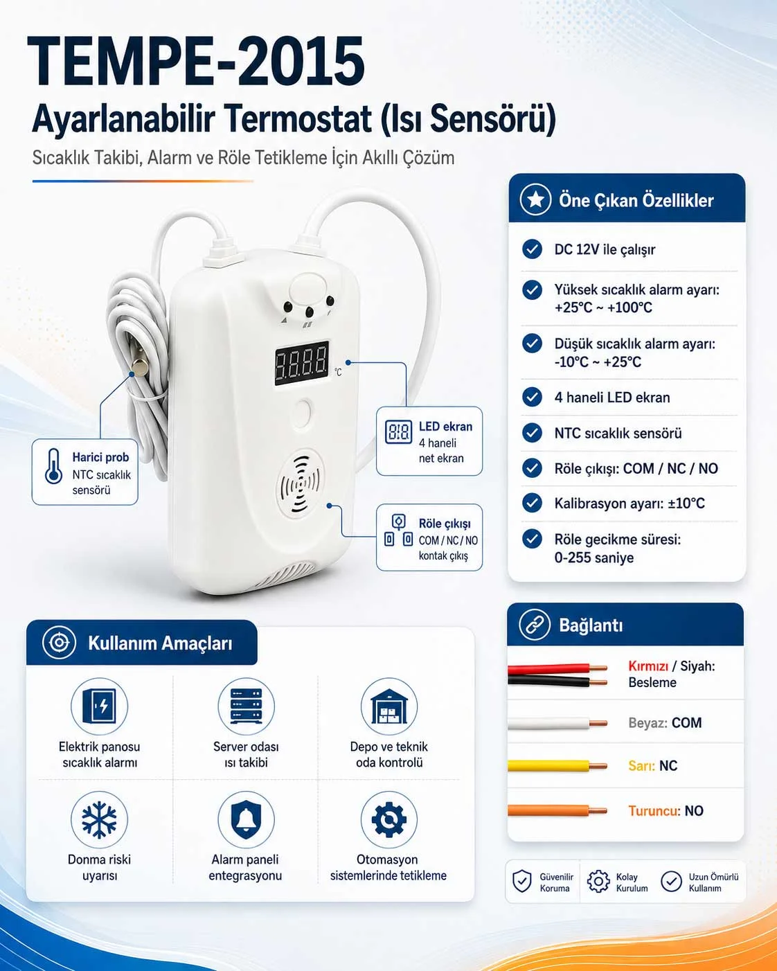 TEMPE-2015 Ayarlanabilir Termostat (Isı Sensörü) (Tüm Alarm Panellerini Destekler)